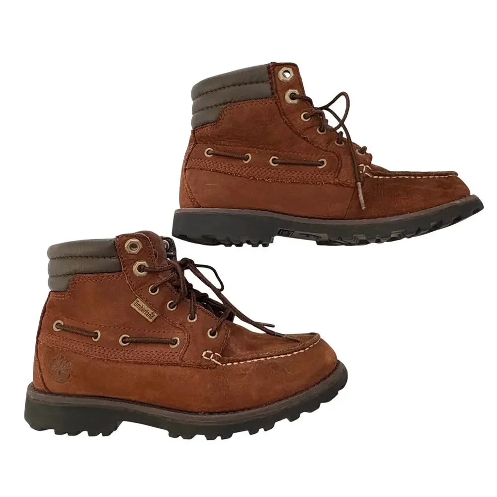 Timberland Boys Boots Size 2 Oakwell Moc-Toe Brown Nubuk Leather Lace-Up Preppy